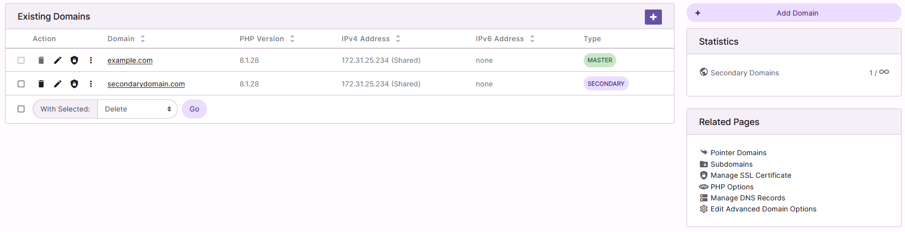 Manage Domain Page